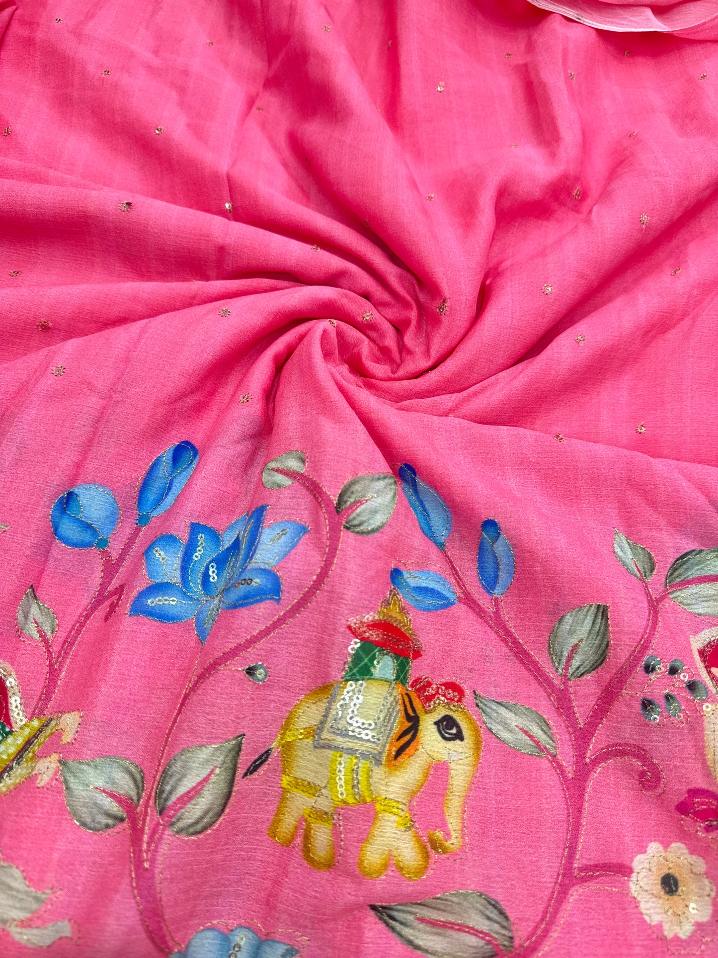 kalamkari border chenon fabrics Blend  with Elephant & Lotus Motifs Width: ~44–45 inches