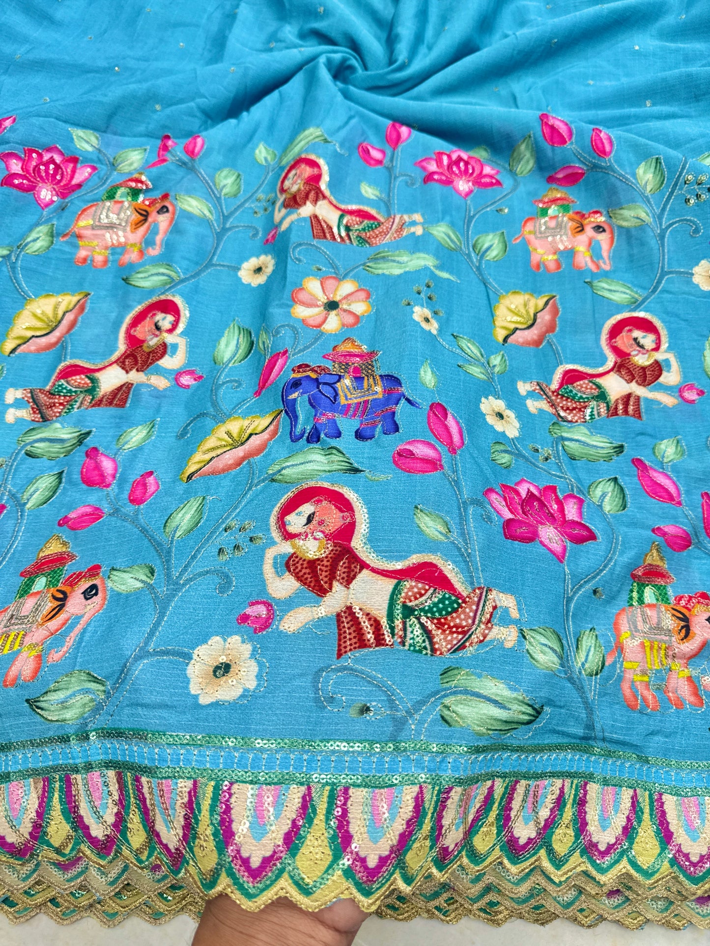 kalamkari border chenon fabrics Blend  with Elephant & Lotus Motifs Width: ~44–45 inches
