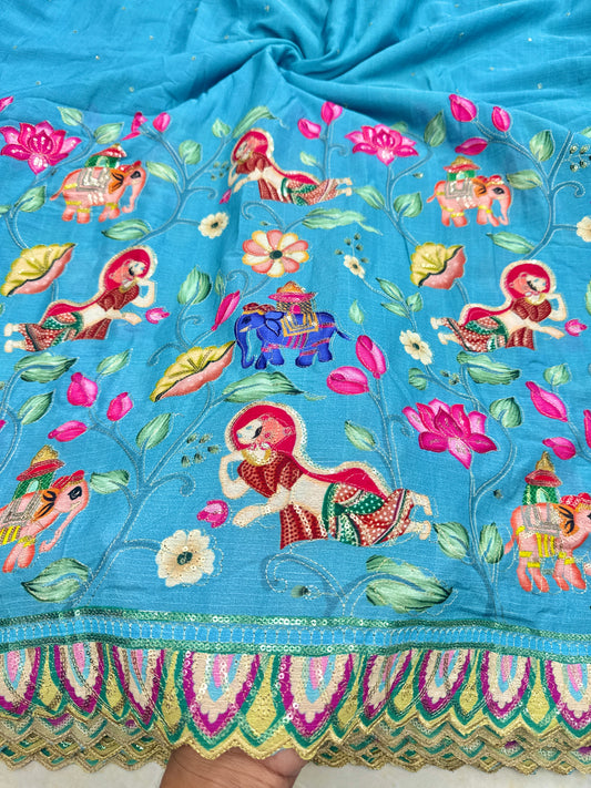 kalamkari border chenon fabrics Blend  with Elephant & Lotus Motifs Width: ~44–45 inches
