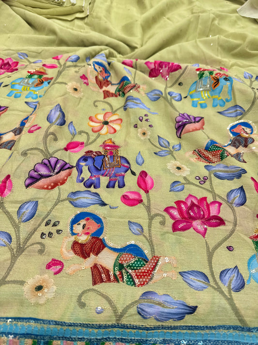 kalamkari border chenon fabrics Blend  with Elephant & Lotus Motifs Width: ~44–45 inches