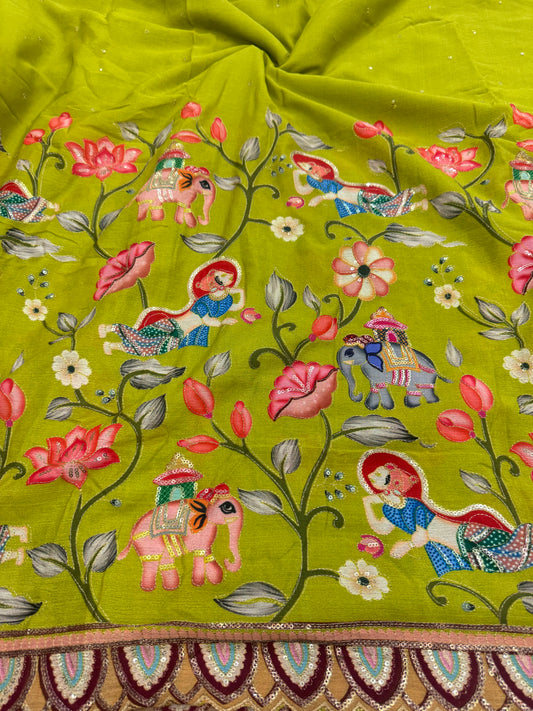 kalamkari border chenon fabrics Blend  with Elephant & Lotus Motifs Width: ~44–45 inches