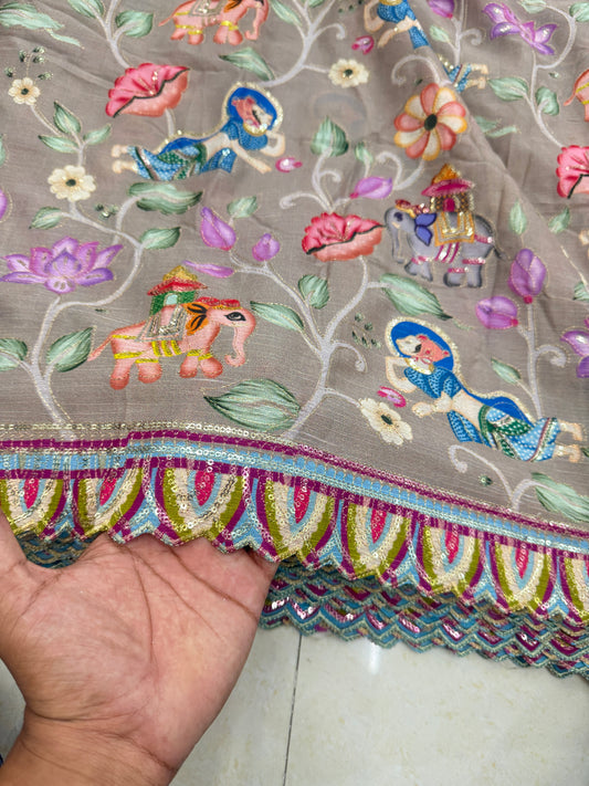 kalamkari border chenon fabrics Blend  with Elephant & Lotus Motifs Width: ~44–45 inches