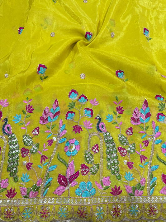Viscouse tissue multi embroidery 🦚peacock Desing border 🌸44inch width YELLOW