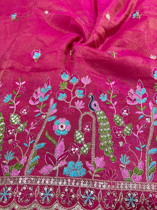 Viscouse tissue multi embroidery 🦚peacock Desing border 🌸44inch width PINK