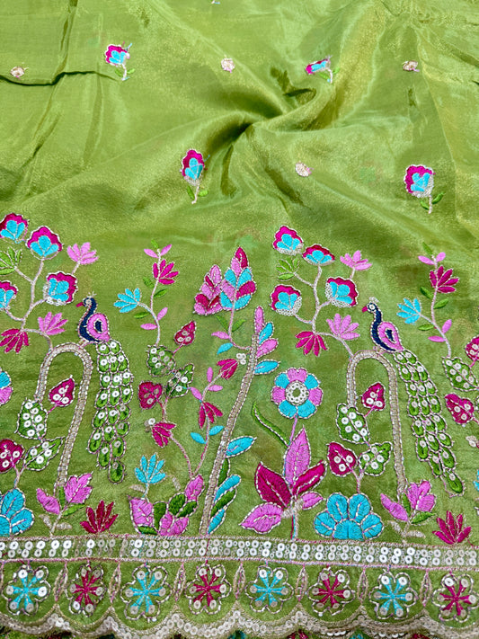 Viscouse tissue multi embroidery 🦚peacock Desing border 🌸44inch width PISTA GREEN
