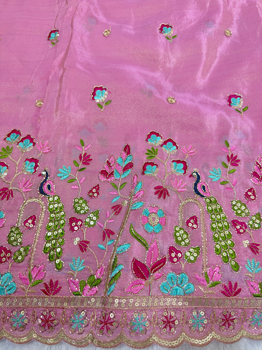 Viscouse tissue multi embroidery 🦚peacock Desing border 🌸44inch width baby pink
