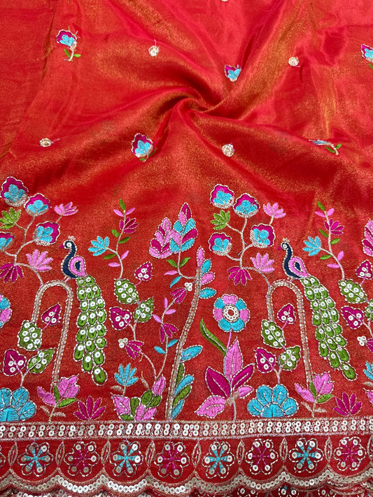 Viscouse tissue multi embroidery 🦚peacock Desing border WITH BEATS WORK 🌸44inch width ORANGE