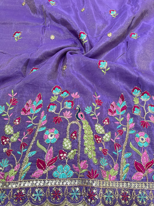 Viscouse tissue multi embroidery 🦚peacock Desing border 🌸44inch width lavender