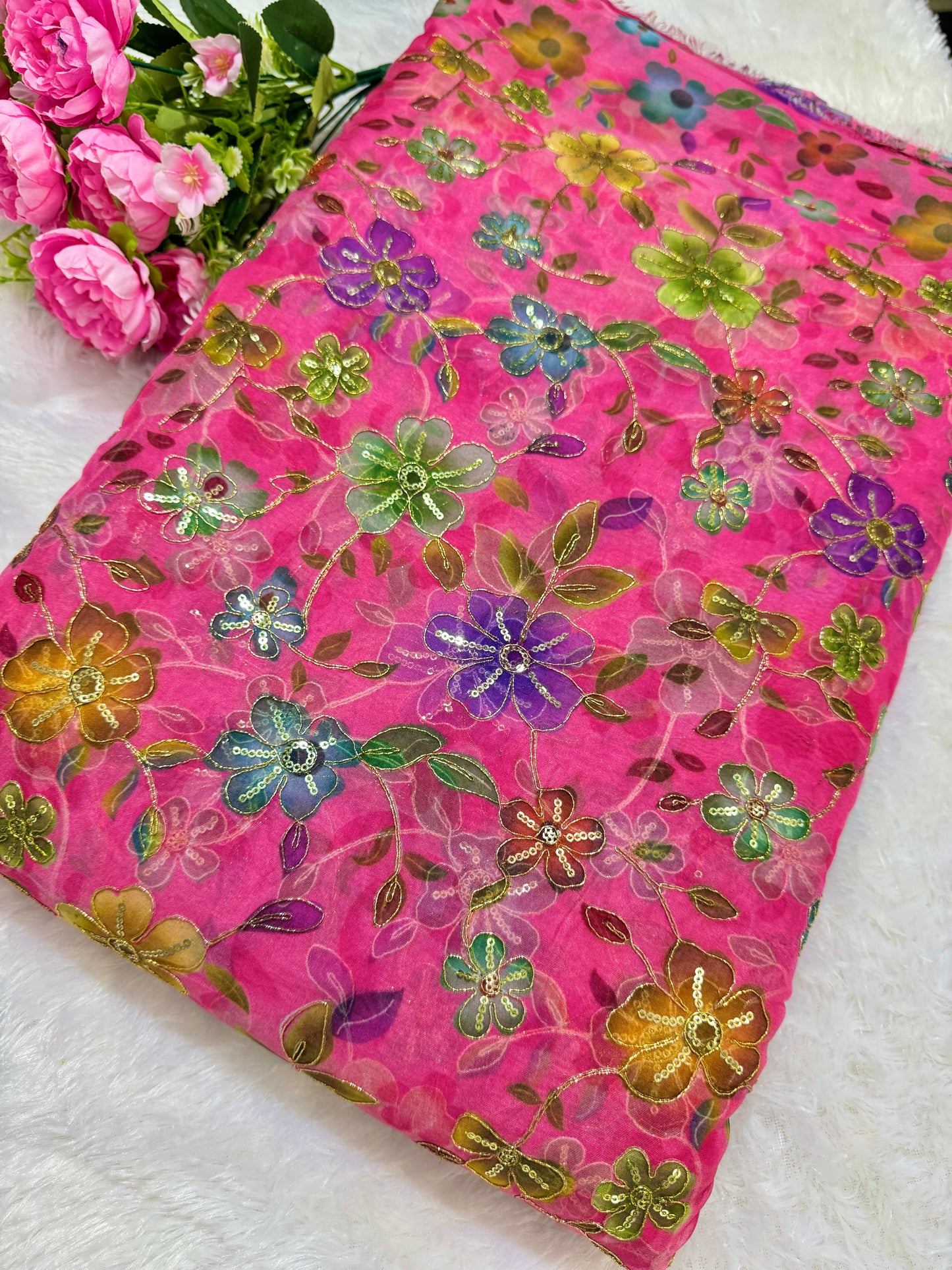 ✨ Tapy Silk Zari Work Fabric with Multicolor Floral Embroidery – 45 Inch Width
