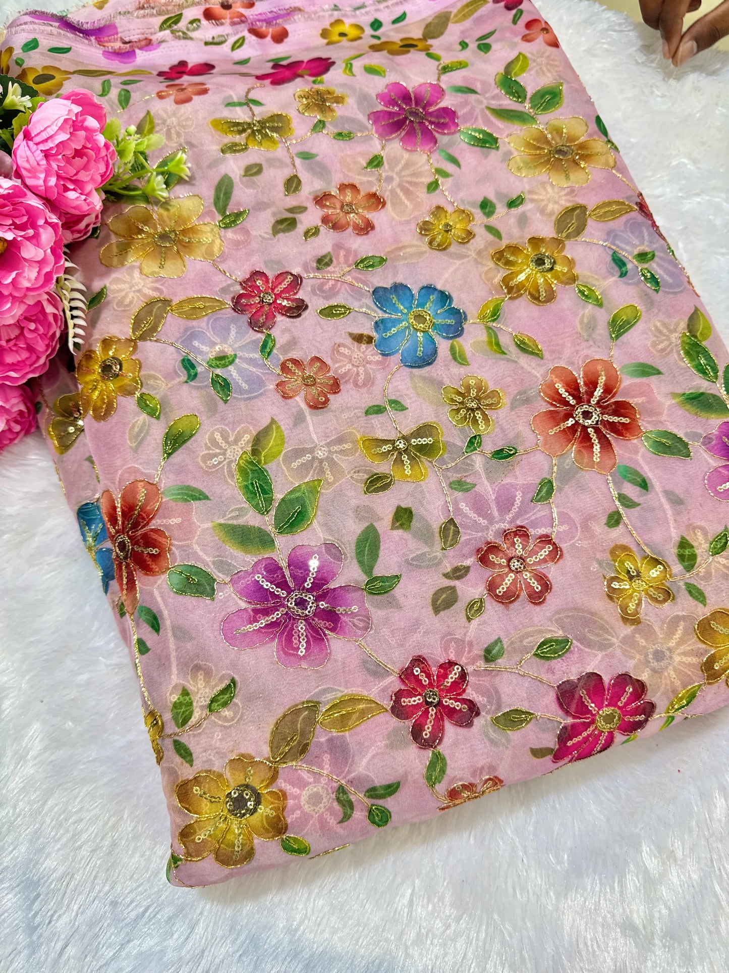 ✨ Tapy Silk Zari Work Fabric with Multicolor Floral Embroidery – 45 Inch Width