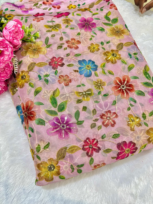 ✨ Tapy Silk Zari Work Fabric with Multicolor Floral Embroidery – 45 Inch Width