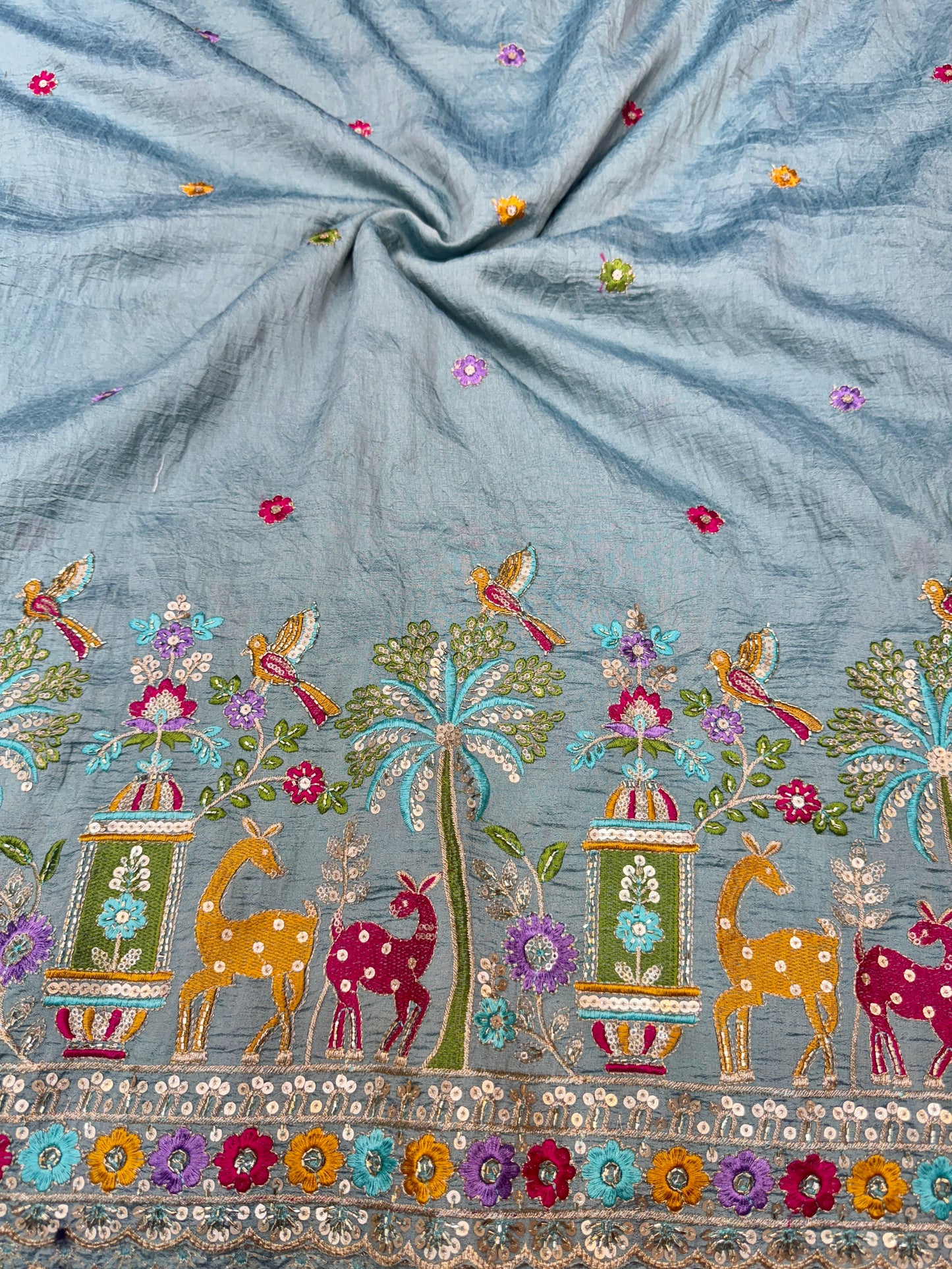 vichitra silk Luxury  Embroidered Fabric with Sequins & Multicolor Threadwork