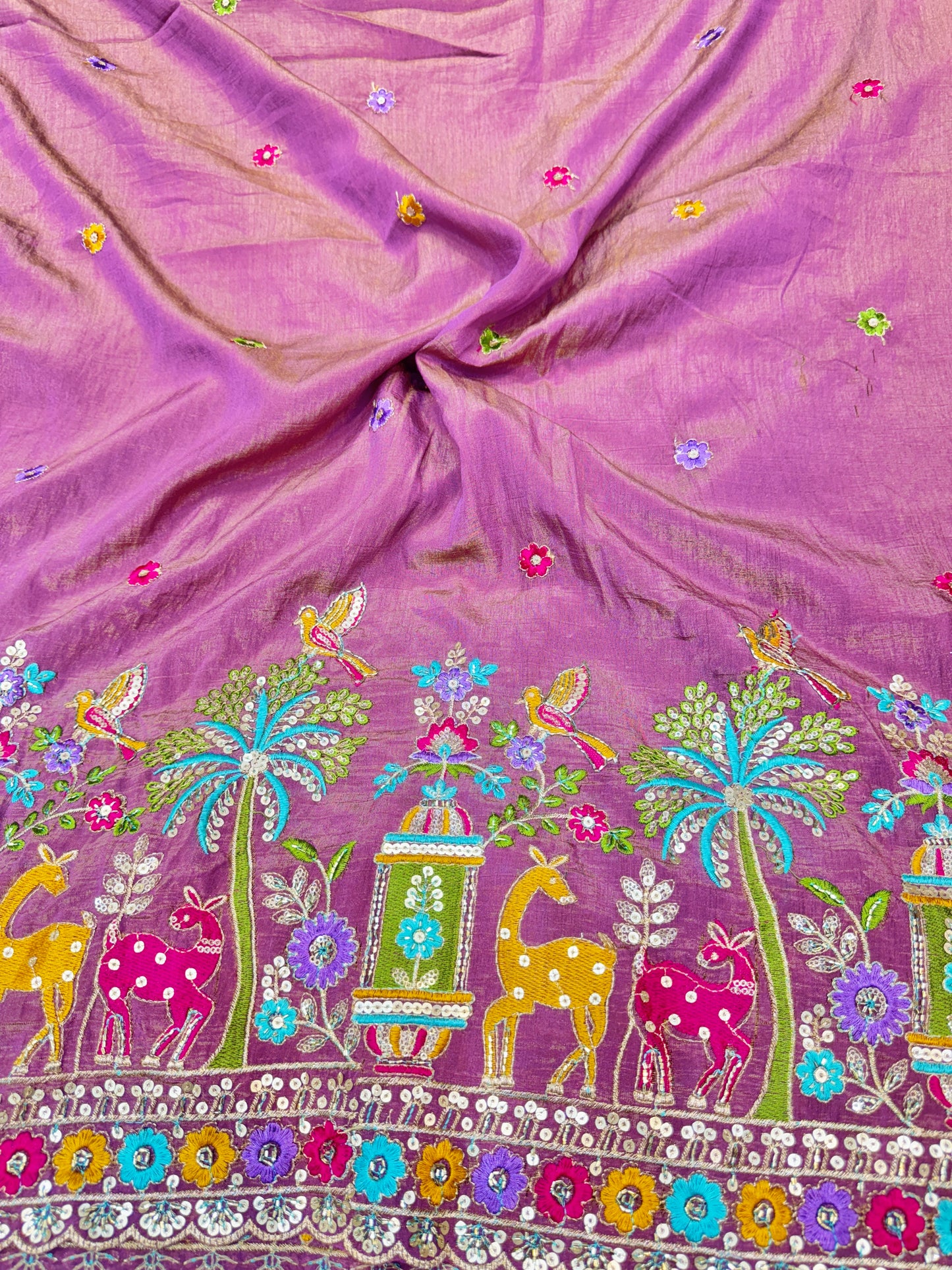 vichitra silk Luxury  Embroidered Fabric with Sequins & Multicolor Threadwork