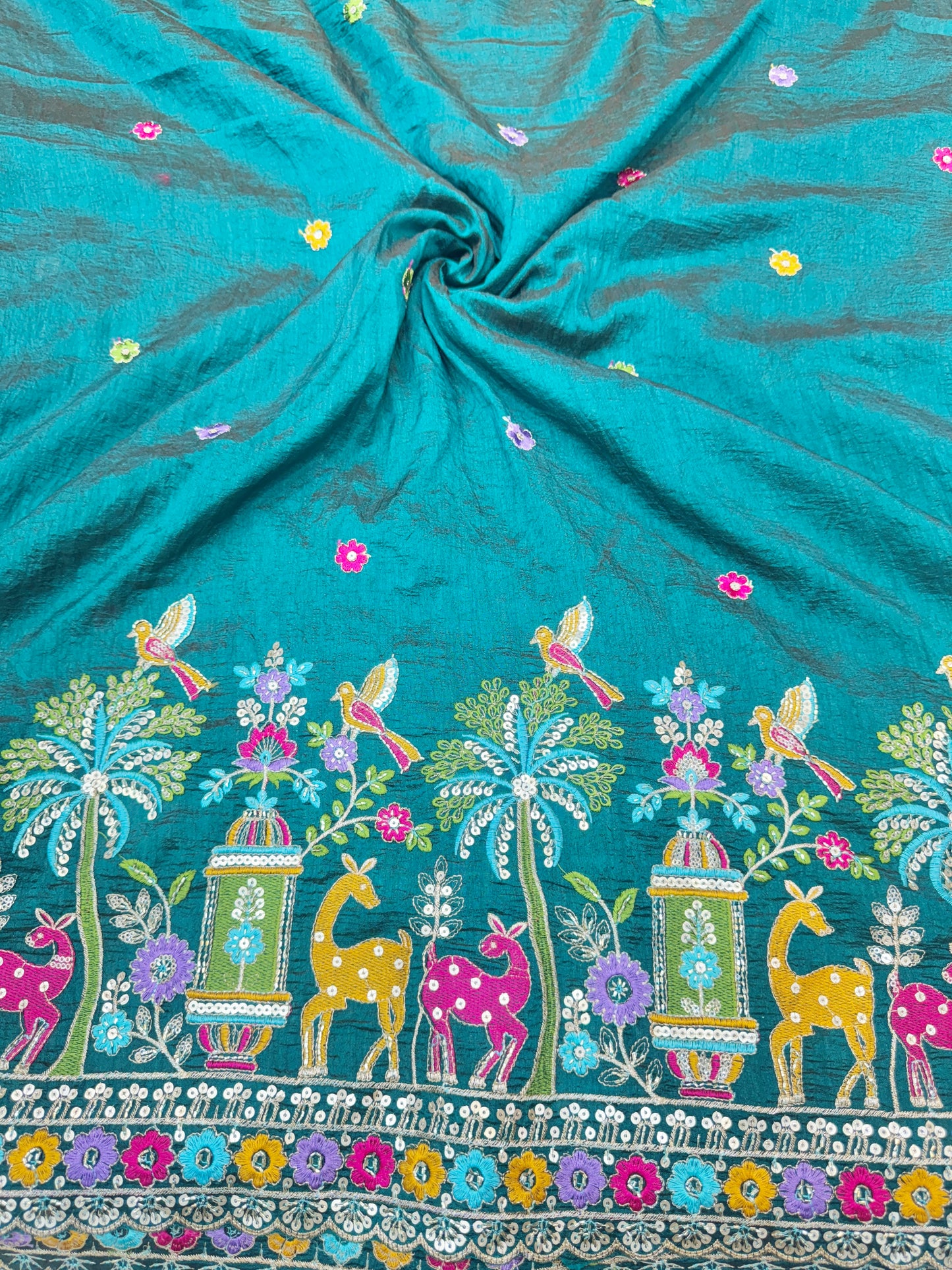 vichitra silk Luxury  Embroidered Fabric with Sequins & Multicolor Threadwork