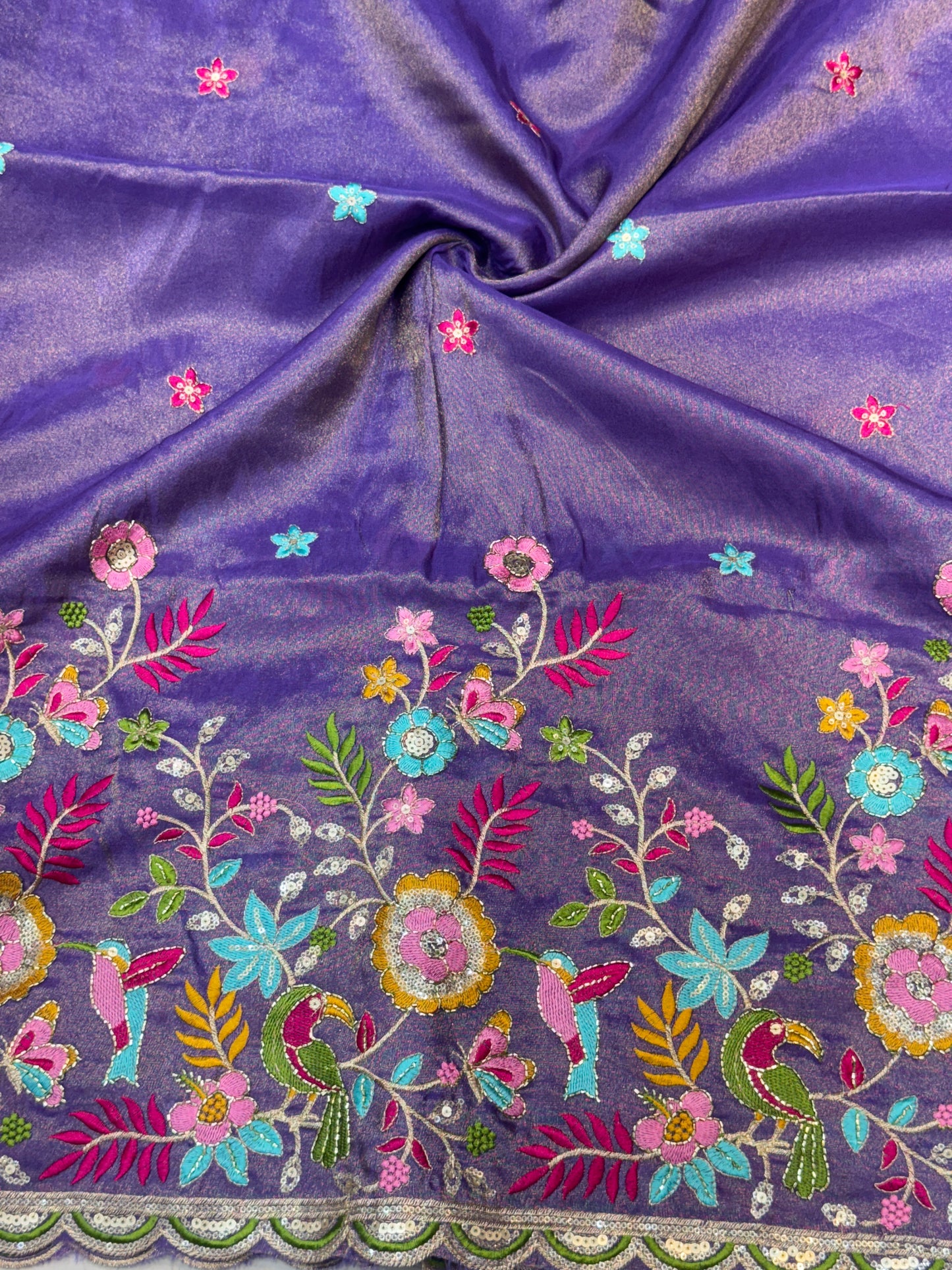 Tissu  Embroidered Silk Blend Fabric with Floral & Bird Motifs 45inch width PURPLE