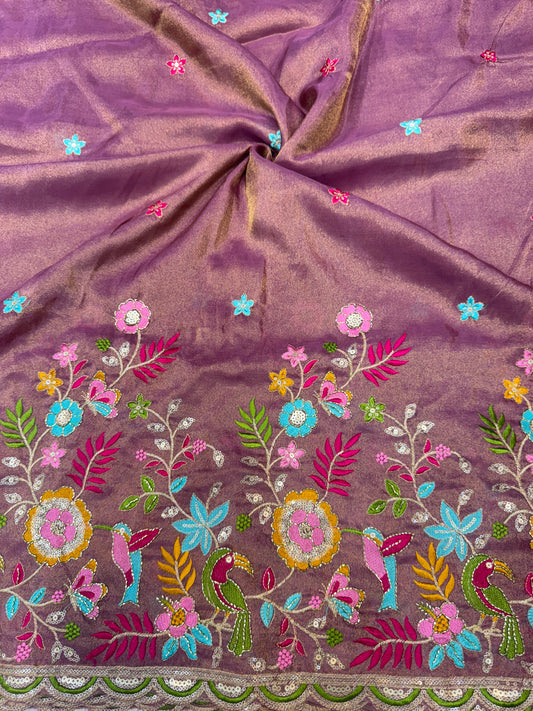 Tissu  Embroidered Silk Blend Fabric with Floral & Bird Motifs 45inch width