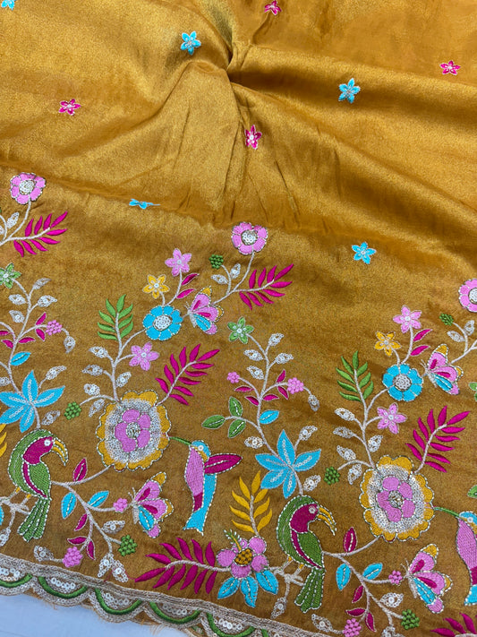 Tissu  Embroidered Silk Blend Fabric with Floral & Bird Motifs 45inch width