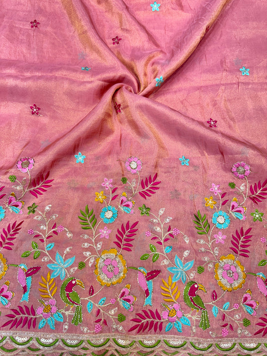 Tissu  Embroidered Silk Blend Fabric with Floral & Bird Motifs 45inch width PINK