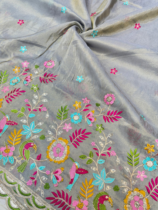 Tissu  Embroidered Silk Blend Fabric with Floral & Bird Motifs 45inch width GREY