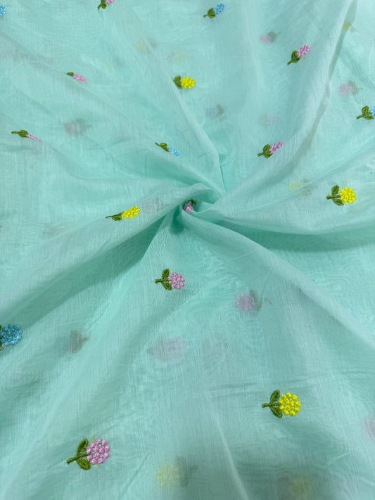 sky blue flower 🌼 💕Embroidered mal  cotton Floral Fabric 44width