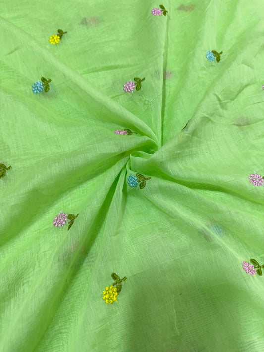 pista green  flower 🌼 💕Embroidered mal  cotton Floral Fabric 44width