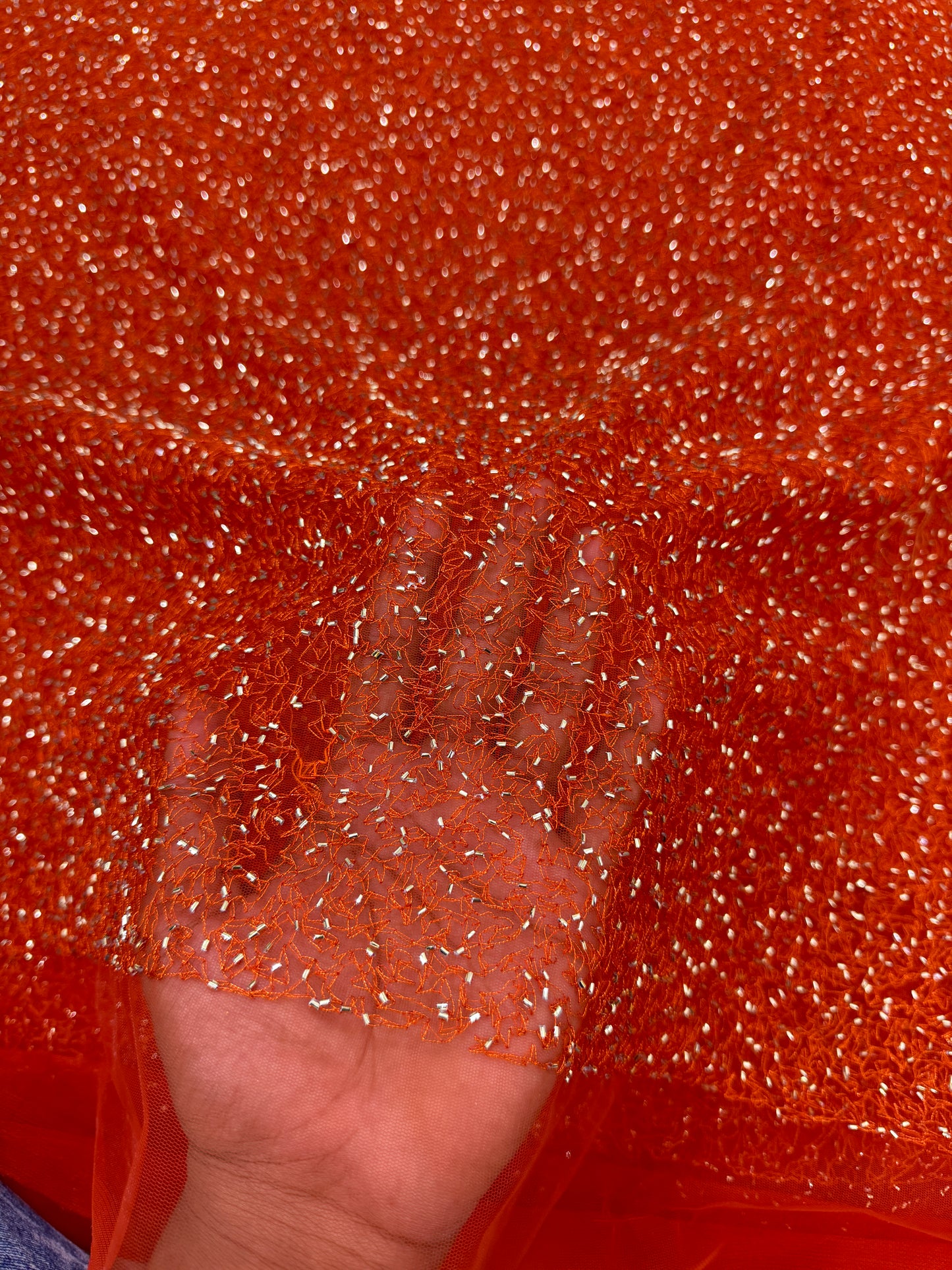 Luxury  Net Fabric with Metallic Sequin Work – Premium Designer Fabric 44INCH WIDTH ORANGE