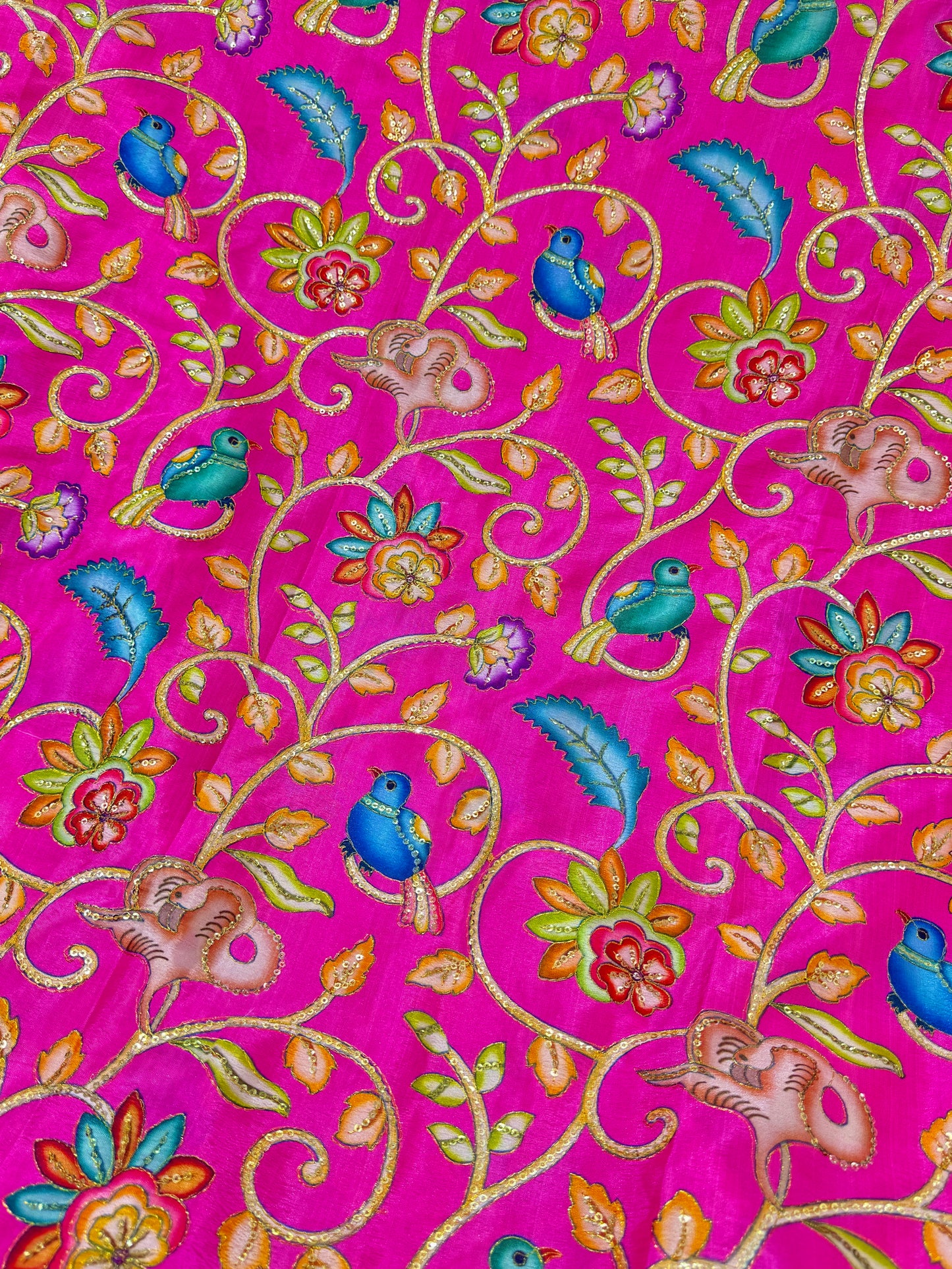 Luxury Pink Silk french crepe Fabric with Nature-Inspired Embroidery kalamkari position  birds desing