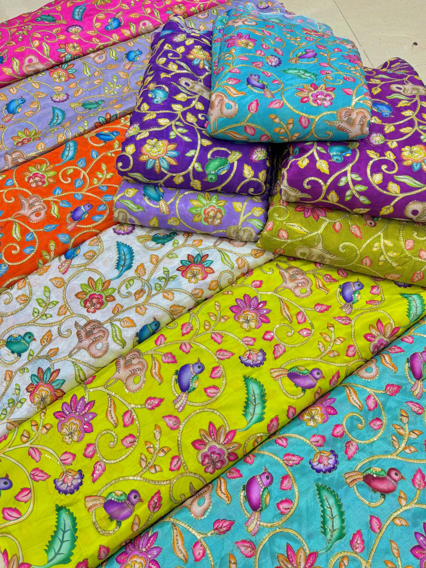 Luxury WHITE  Silk french crepe Fabric with Nature-Inspired Embroidery kalamkari birds desig 44width