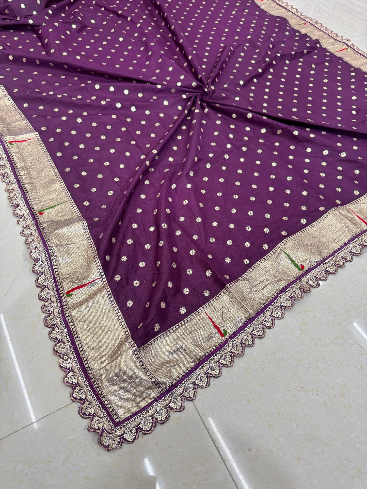 Paitanick Banarasi Silk Dupatta with Golden Zari Weaving & 4-Side Paitanick Fancy Lace Border – 2.5 Meter