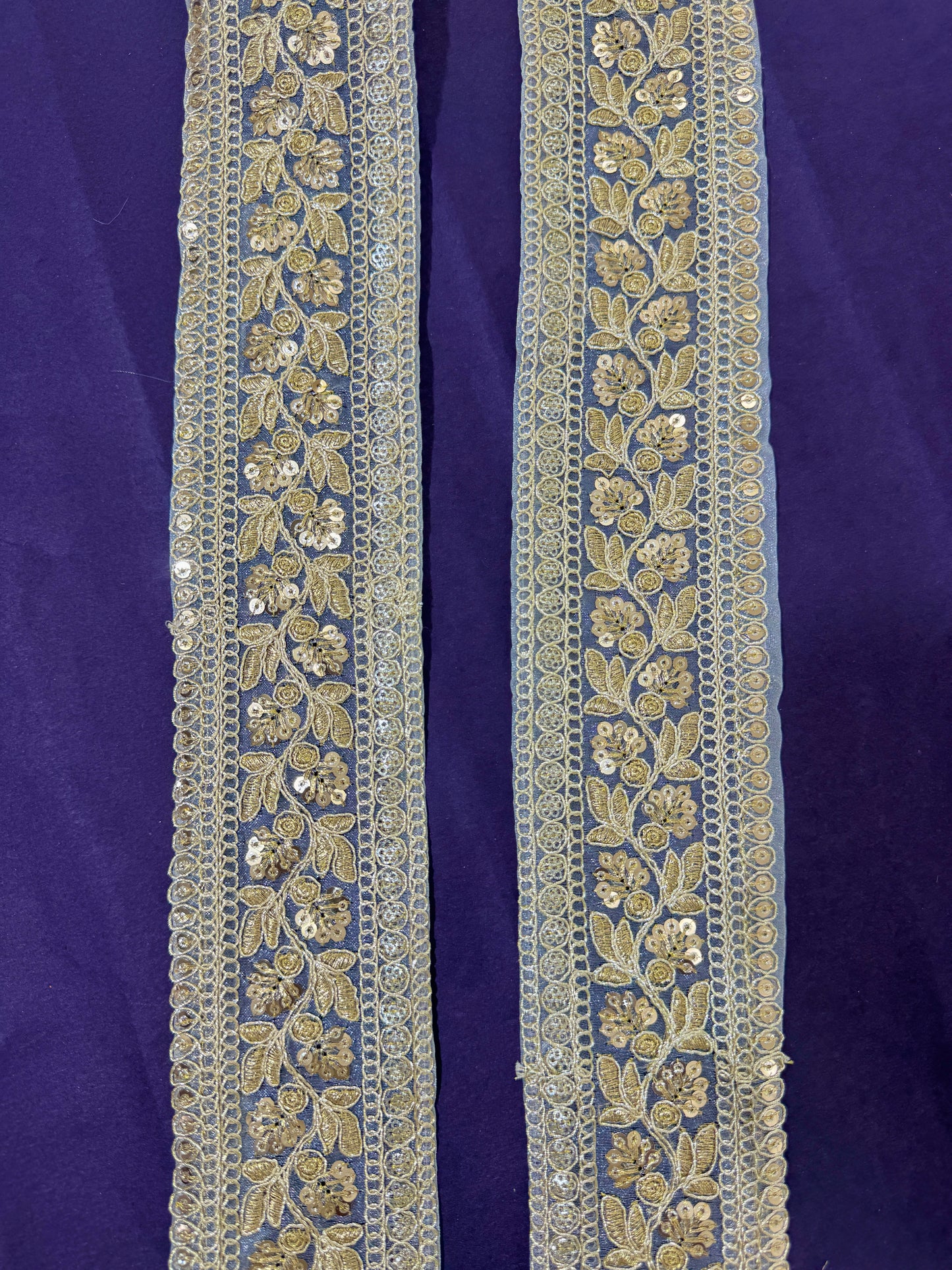 ✨ Golden Floral Embroidered base organza woth golden zari work 3inch   Lace – 9 Meters ✨