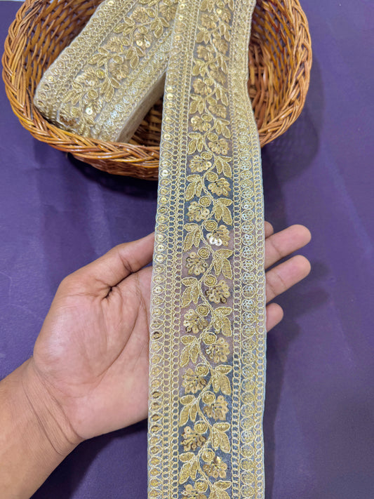 ✨ Golden Floral Embroidered base organza woth golden zari work 3inch   Lace – 9 Meters ✨