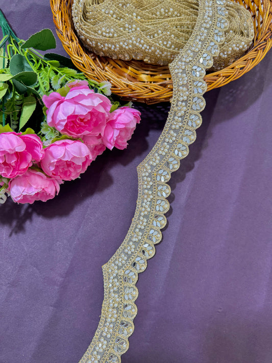 ✨ Premium Golden Embroidered original mirror with stone and pulse Lace Border – 9 Meter Pack ✨Sare lehanga and etc lace border