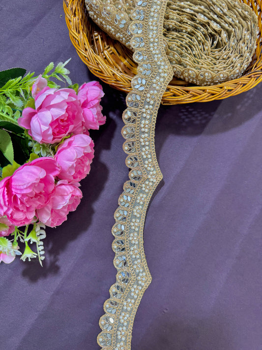 ✨ Premium Golden Embroidered original mirror with stone and pulse Lace Border – 9 Meter Pack ✨Sare lehanga and etc lace border