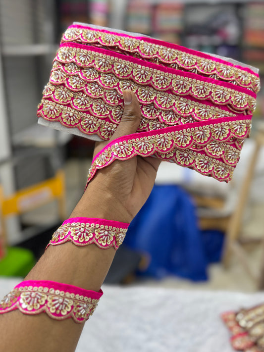 Exclusive Katdana Maggam Work with sequins  Saree Lace border  – 9 Meters, 1.5 Inch Embroidered Border for Sarees, Lehengas & Dupattas PINK