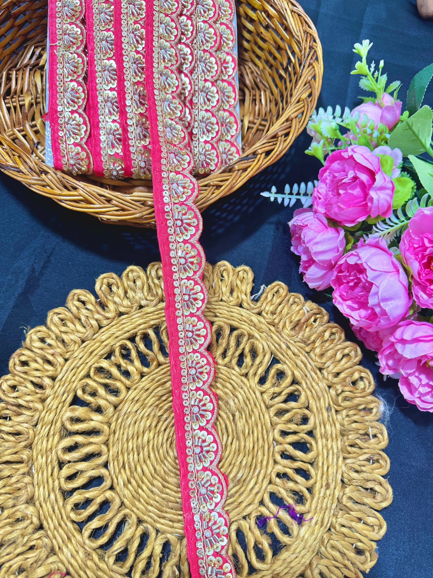 Exclusive Katdana Maggam Work with sequins  Saree Lace border  – 9 Meters, 1.5 Inch Embroidered Border for Sarees, Lehengas & Dupattas
