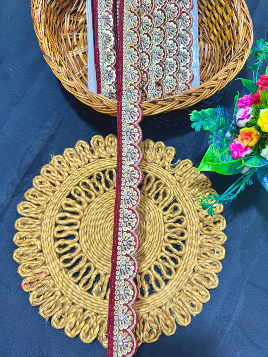 Exclusive Katdana Maggam Work with sequins  Saree Lace border  – 9 Meters, 1.5 Inch Embroidered Border for Sarees, Lehengas & Dupattas MAROON