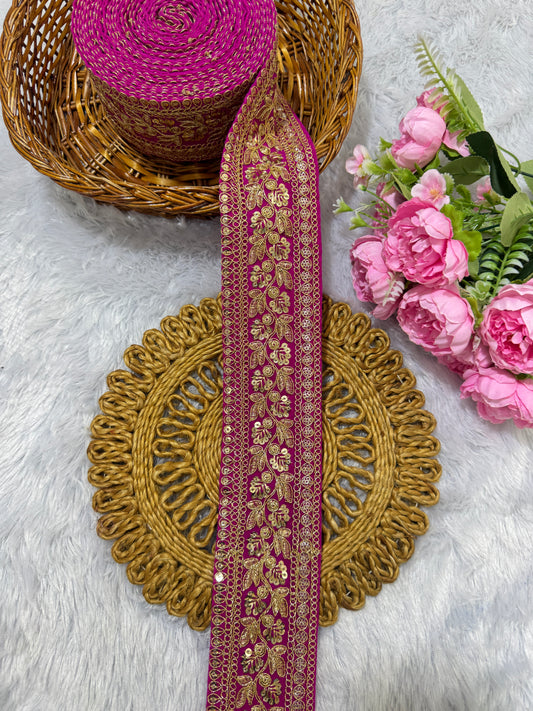 Premium velvet 3 inch gold Zari with sequins Embroidered  border for sarees lehengas & Duppata’s  Border 9 meterPINK