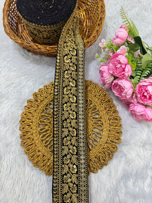 Premium velvet 3 inch gold Zari with sequins Embroidered  border for sarees lehengas & Duppata’s  Border 9 meter BLACK