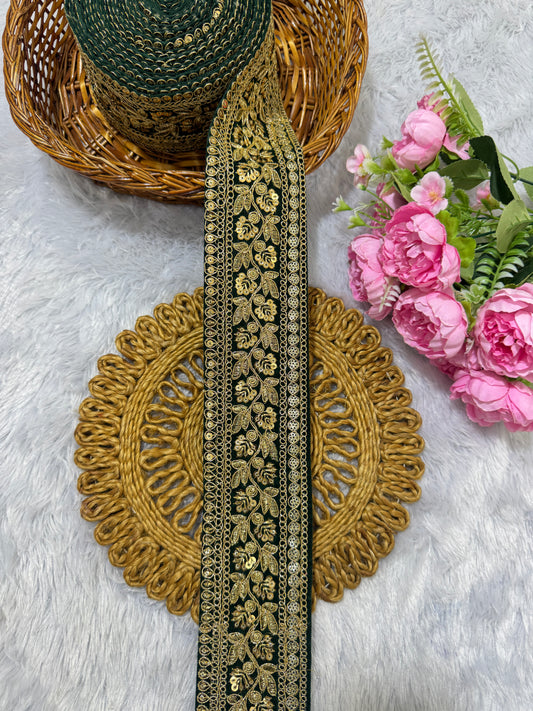 Premium velvet 3 inch gold Zari with sequins Embroidered  border for sarees lehengas & Duppata’s  Border 9 meter GREEN