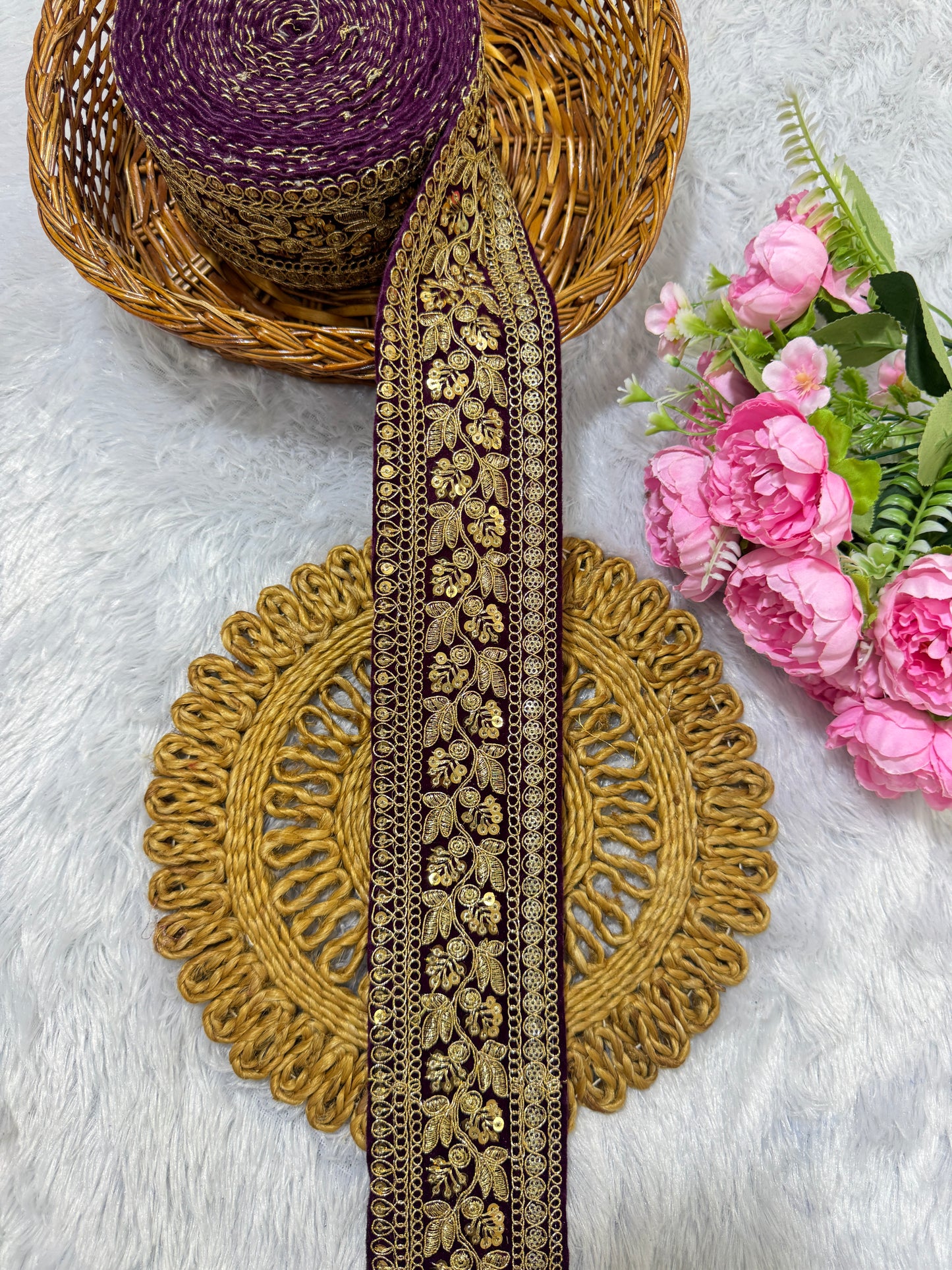Premium velvet 3 inch gold Zari with sequins Embroidered  border for sarees lehengas & Duppata’s  Border 9 meter DARK PURPLE