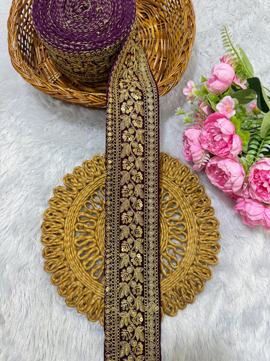 Premium velvet 3 inch gold Zari with sequins Embroidered  border for sarees lehengas & Duppata’s  Border 9 meter DARK PURPLE