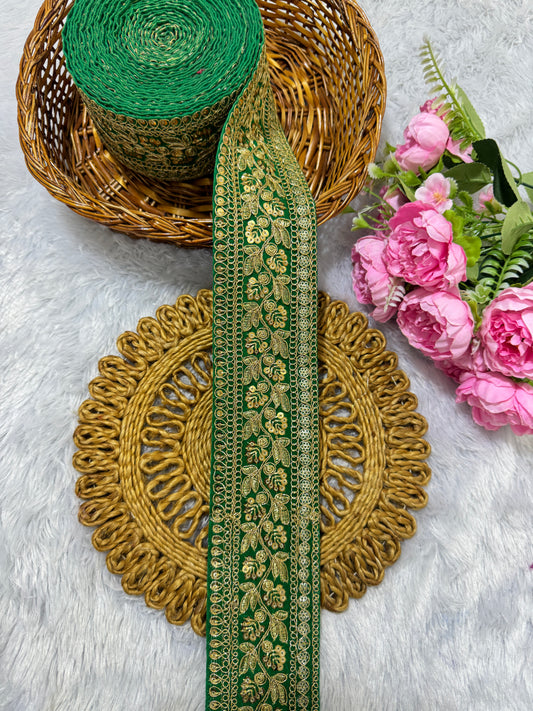 Premium velvet 3 inch gold Zari with sequins Embroidered  border for sarees lehengas & Duppata’s  Border 9 meter PARROT GREEN