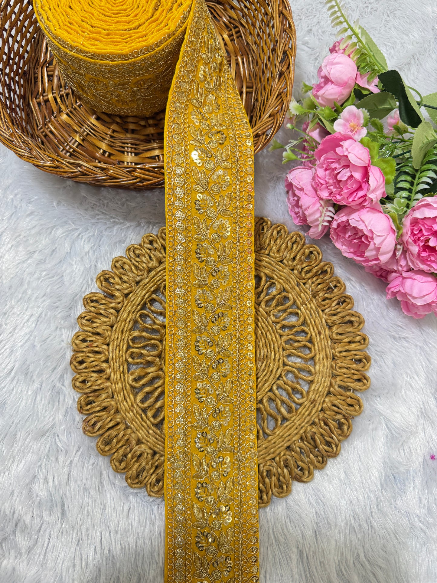 Premium velvet 3 inch gold Zari with sequins Embroidered  border for sarees lehengas & Duppata’s  Border 9 meterYELLOW