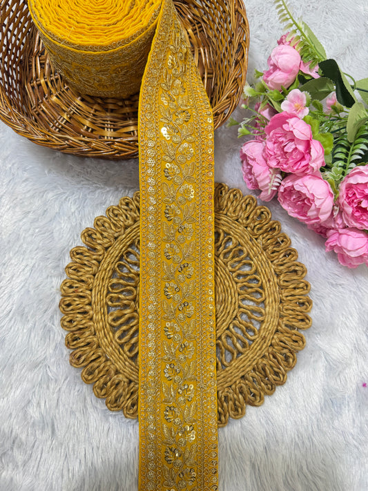 Premium velvet 3 inch gold Zari with sequins Embroidered  border for sarees lehengas & Duppata’s  Border 9 meterYELLOW