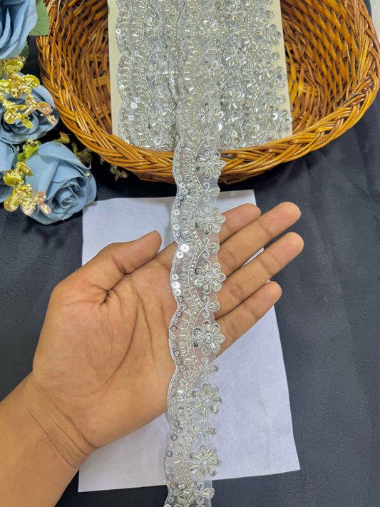 premium silver  Maggam Work Floral Lace with Sequins – 9 Meter Pack