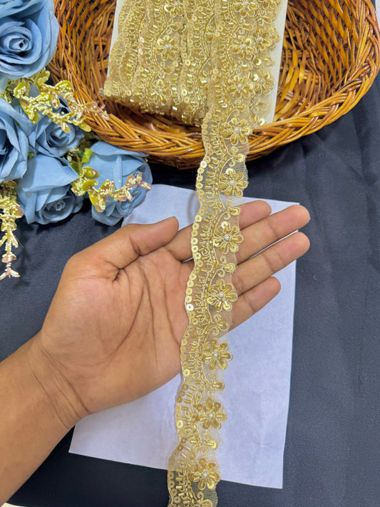 PREMIUM Golden Maggam Work Floral Lace with Sequins – 9 Meter Pack