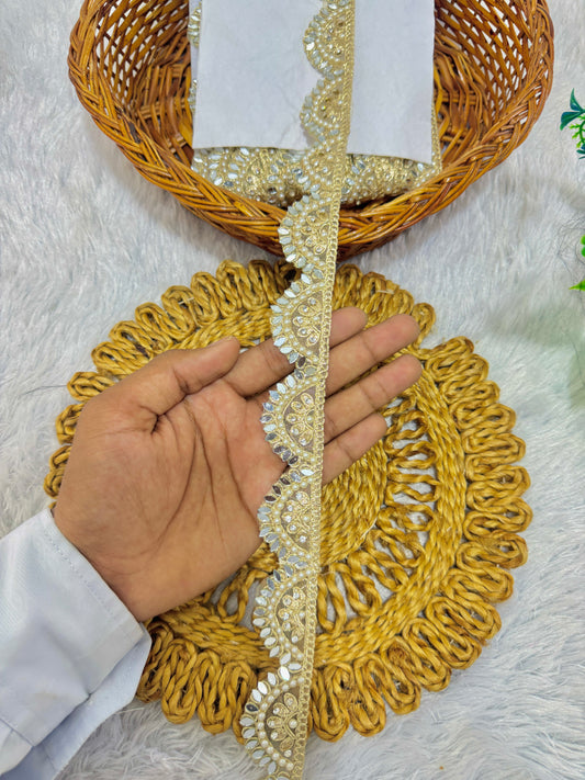 Golden Zari Embroidered Lace with Mirror Work – 9 Meter Pack