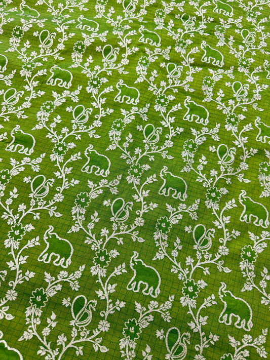 Premium GREEN  Silk Brocade Banarasi Fabric with Elephant & Floral Motifs 44INCH WIDTH