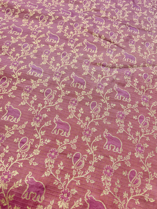 Premium  Silk Brocade Banarasi Fabric with Elephant & Floral Motifs  DUSTY ROSE 44INCH WIDTH