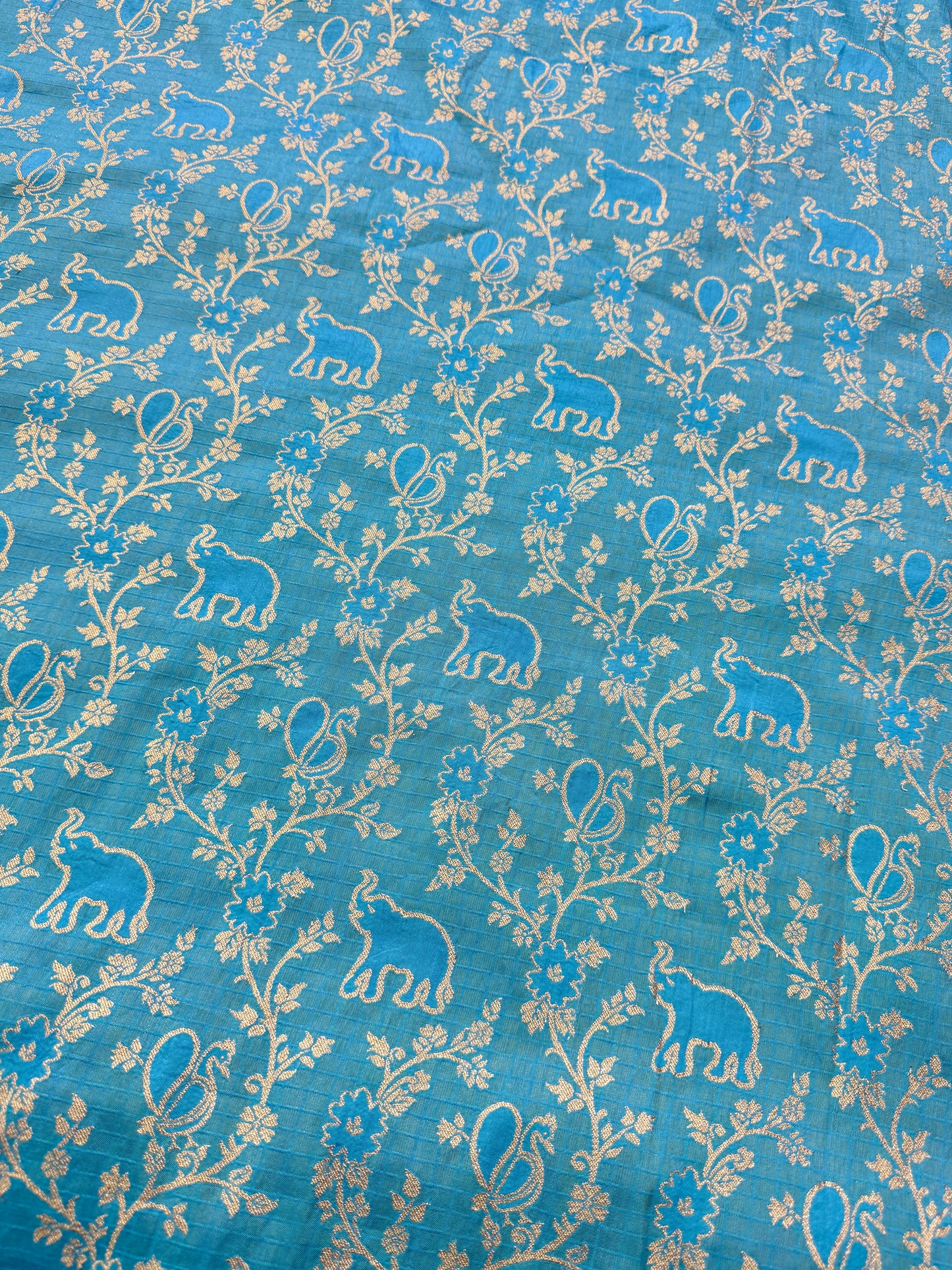 Premium Silk Brocade Banarasi Fabric with Elephant & Floral Motifs sky blue  44INCH WIDTH